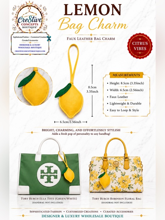 Cre8tive Concepts Boutique Accessories - Lemon Faux Leather Bag Charm | Purse Charm | Keychain Accessory